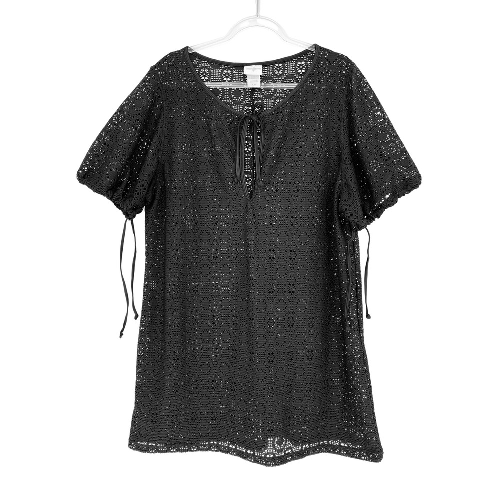 Jaclyn Smith Swim Cover-up Women XL Black Crochet Open Knit‎ Tie Neck Beach Boho
